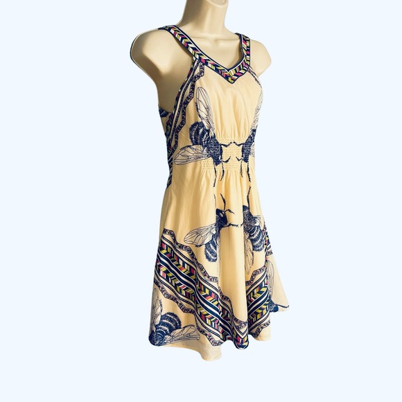 Leifnotes Anthropologie Ivory Blue Bombus Bumble Bee Sleeveless Sun Dress Size 2 - Picture 4 of 8